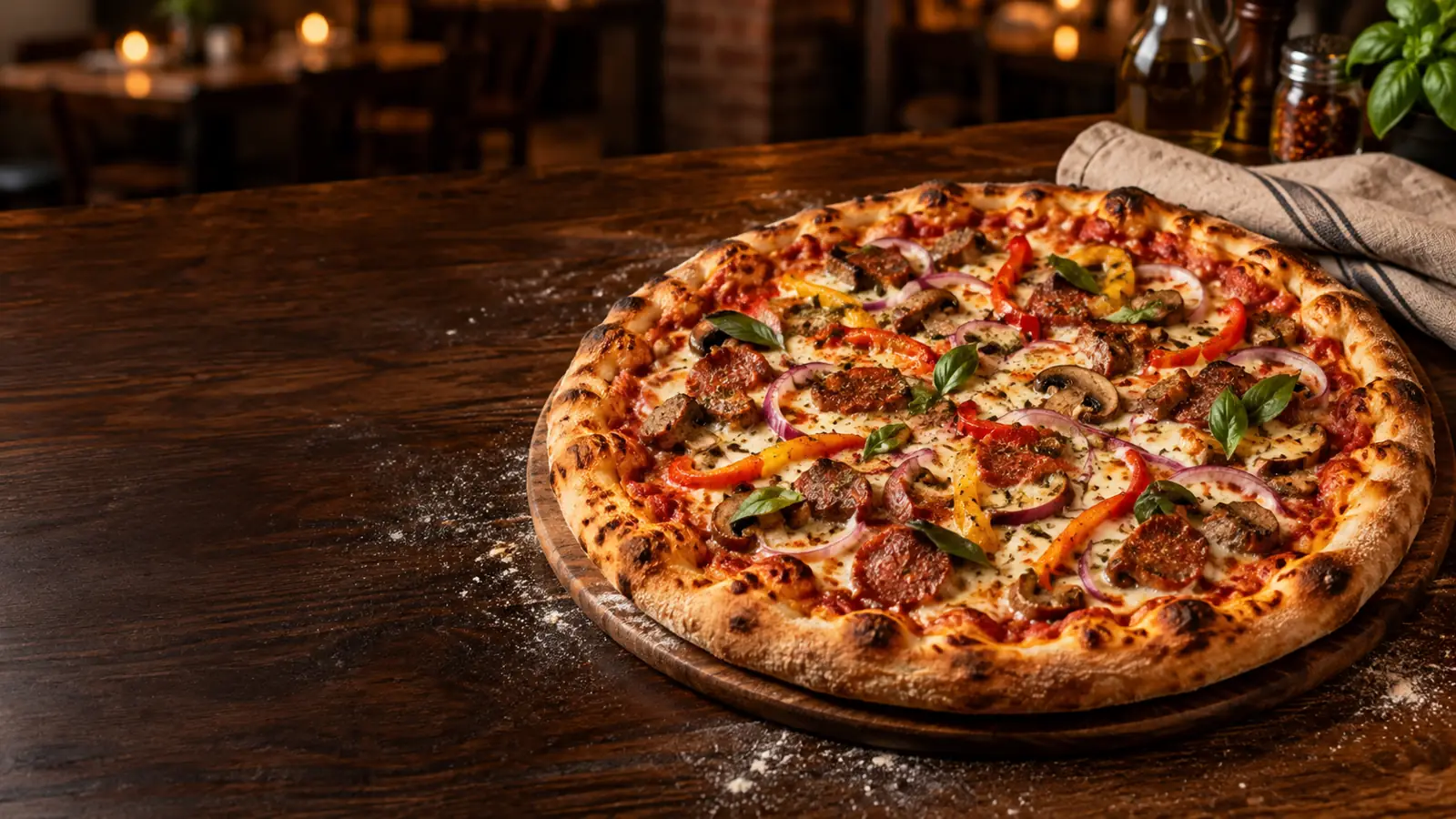 Frissen sült, gazdagon feltétezett pizza egy meleg hangulatú asztalon